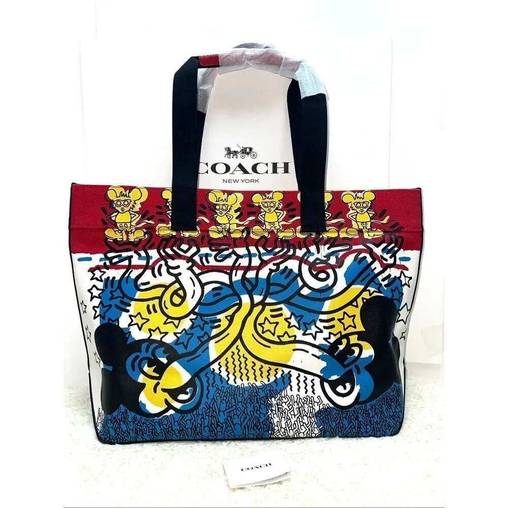 🔥🎁Nwt! Coach Disney Mickey Mouse Keith Haring Canvas Tote 38 Msrp:$350.00